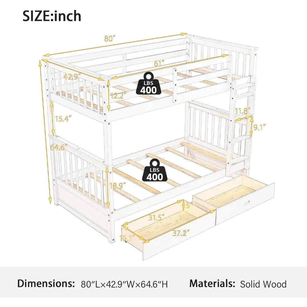 Bunk Bed with Drawers - Ladder - Two Storage Drawers