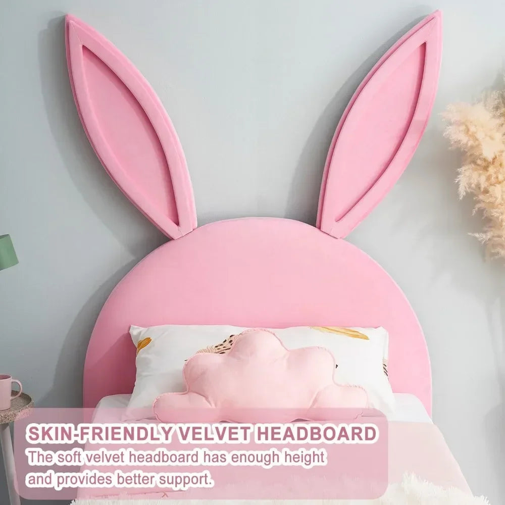 Pink Bunny Twin Bed Frame- Wooden Slats - Padded Bunny headboard