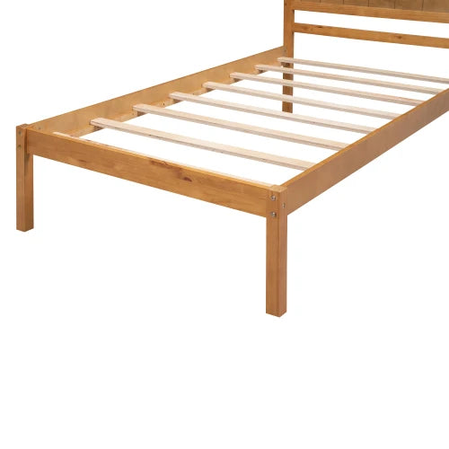 Twin Platform Bed Frame with Headboard & Wood Slat Support in Oak