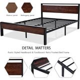 14 Inch Queen Size Metal Platform Bed Frame with Wooden Headboard and Footboard