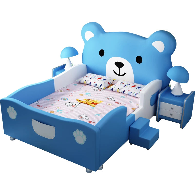 Children's Teddy Bear Bed Solid Wood - Blue Full Size Bed With Guardrail