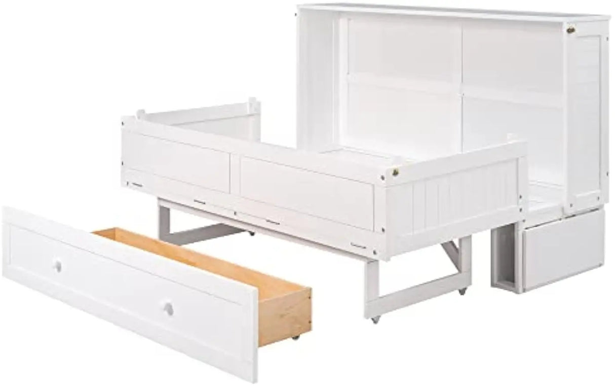 Queen Size Murphy Bed with Drawer and Shelves in White