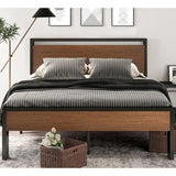 14 Inch Queen Size Metal Platform Bed Frame with Wooden Headboard and Footboard