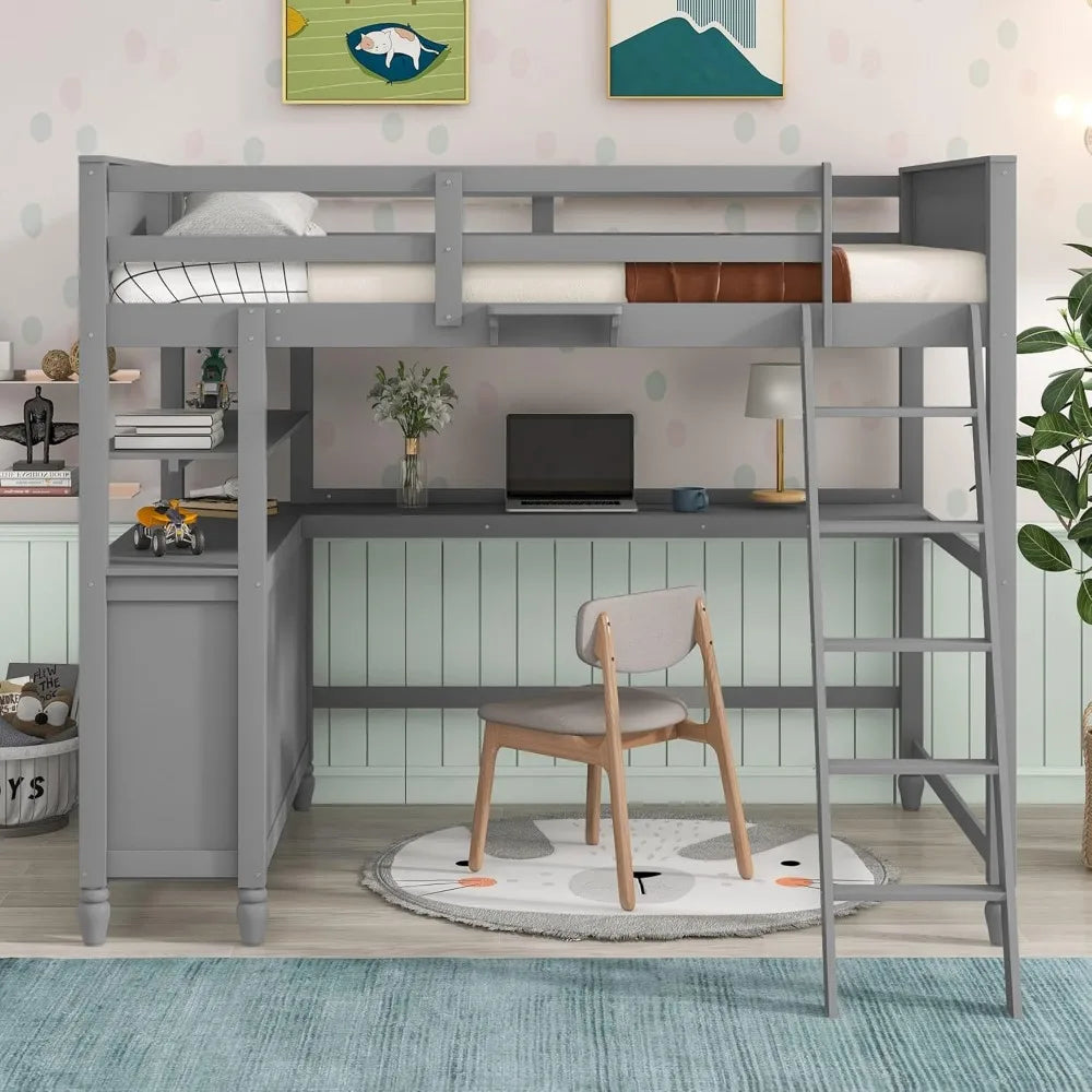 Loft Bed with Desk and Storage Drawers and Shelves