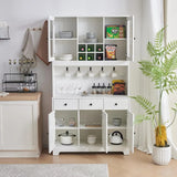 Kitchen Pantry Buffet Cabinet Hutch With Storage in White, Freestanding with Large Countertop