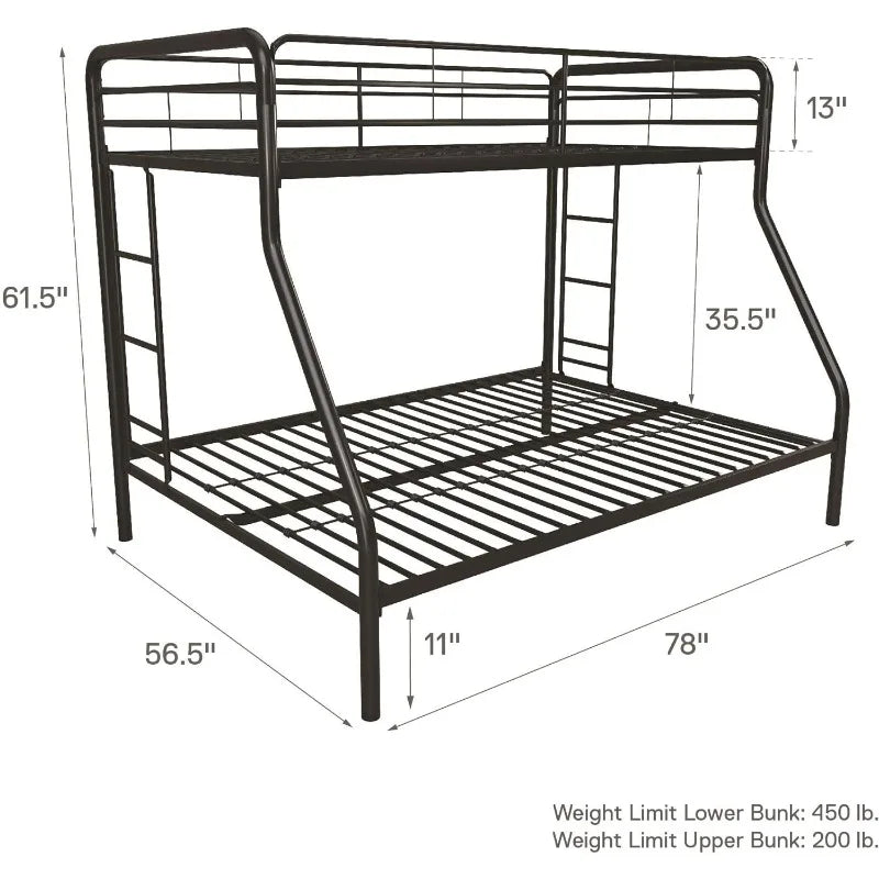 Twin Over Full Metal Bunk Bed Frame With Ladder and Guardrail