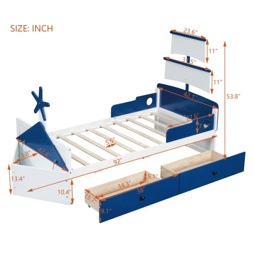 Twin Size Nautical Boat Platform Bed with 2 Storage Drawers